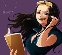 Rule 34 | 1girl, black hair, blue jacket, book, close-up, commentary request, doccoi, eyelashes, eyewear on head, hair slicked back, hand in own hair, highres, holding, holding book, jacket, long hair, looking at viewer, nico robin, one piece, purple background, simple background, smile, solo, teeth, upper body, upper teeth only