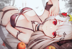 Rule 34 | 1girl, absurdres, apple, arknights, arm strap, arm up, armband, bare shoulders, bikini, black bikini, black choker, breasts, choker, cleavage, commentary, food, fruit, highres, infection monitor (arknights), jean.organ, jewelry, large breasts, looking at viewer, lying, mudrock (arknights), mudrock (silent night) (arknights), navel, necklace, on back, red eyes, silver hair, smile, solo, stomach, swimsuit