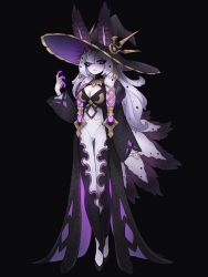 Rule 34 | 1girl, black background, breasts, claws, commentary, english commentary, fantasy, full body, hat, highres, large breasts, long hair, looking at viewer, original, pale skin, purple eyes, purple hair, sea slug girl, slug girl, solo, squeaky (artist), witch hat