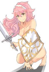 Rule 34 | 1girl, bad id, bad pixiv id, breasts, brozoco, cleavage, fire emblem, fire emblem fates, hairband, long hair, medium breasts, nintendo, nude, pink hair, shield, soleil (fire emblem), solo, source request, sword, tagme, weapon, white hairband, yellow eyes