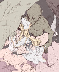 Rule 34 | absurdres, blonde hair, breasts, cave, clothed female nude male, colored skin, completely nude, corpse, crying, crying with eyes open, cum, doggystyle, double penetration, fellatio, flat color, goblin, goblin slayer!, green skin, highres, holding another&#039;s wrist, irrumatio, medium breasts, multiple boys, multiple girls, nipples, nude, one breast out, oral, panties, panties around leg, penis, priestess (goblin slayer!), rape, rough sex, sex, sex from behind, solo focus, spitroast, sweat, tears, torn clothes, uncensored, underwear, yuiga naoha