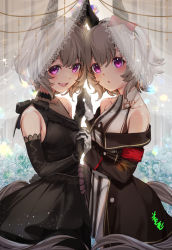 Rule 34 | 2girls, animal ears, bare shoulders, blurry, blurry foreground, blush, bow, collarbone, collared dress, cowboy shot, curren chan (sakutsuki ma cherie) (umamusume), curren chan (umamusume), dress, dual persona, elbow gloves, flower, from side, gloves, grey hair, hair between eyes, highres, holding hands, horse ears, horse girl, horse tail, lace trim, looking at viewer, medium hair, multiple girls, open mouth, purple eyes, smile, striped, tail, umamusume, youmou usagi