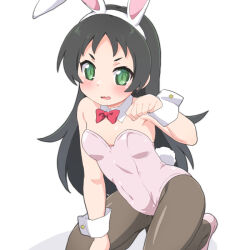 Rule 34 | 1girl, animal ears, arm at side, bare arms, bare shoulders, black hair, black pantyhose, blush, breasts, clenched hand, collar, covered navel, detached collar, embarrassed, fake animal ears, fake tail, green eyes, hand up, hazuki kurumi, highres, kaitou tenshi twin angel, kneeling, leotard, long hair, looking at viewer, necktie, open mouth, pantyhose, parted bangs, parted lips, paw pose, pink footwear, pink leotard, playboy bunny, rabbit ears, rabbit tail, red necktie, shirogane hakuba, shoes, short eyebrows, simple background, small breasts, solo, tail, tongue, twin angel, v-shaped eyebrows, wavy mouth, white background, white collar, white wrist cuffs, wrist cuffs