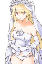 Rule 34 | 1girl, akara kai, bare shoulders, blonde hair, breasts, bridal veil, bride, brooklyn (kancolle), cowboy shot, dress, elbow gloves, flower, gloves, highres, kantai collection, lifting own clothes, medium breasts, red eyes, rose, solo, swept bangs, veil, wedding dress, white dress, white flower, white gloves, white rose