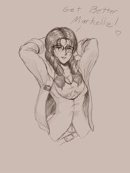 Rule 34 | 1girl, absurdres, bandai namco, braid, breasts, cleavage, english text, glasses, heart, highres, julia chang, large breasts, looking at viewer, midriff, monochrome, namco, navel, parted lips, seductive smile, smile, tedbob84, tekken, traditional media, twin braids