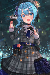 Rule 34 | 1girl, audience, belt, belt buckle, beret, black gloves, blue eyes, blue hair, blue nails, blue neckwear, blush, buckle, buttons, choker, crown, frilled skirt, frills, gloves, glowstick, grey hat, hair between eyes, hat, highres, holding, holding microphone, hololive, hoshimachi suisei, hoshimachi suisei (1st costume), long sleeves, looking at viewer, medium hair, mi taro333, microphone, music, nail polish, open mouth, partially fingerless gloves, singing, skirt, solo, star (symbol), virtual youtuber