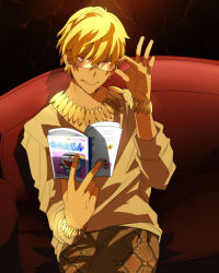 Rule 34 | 1boy, adjusting eyewear, azuazuazu19, bar censor, bespectacled, blonde hair, book, bracelet, casual, censored, chair, doraemon, fate/zero, fate (series), gilgamesh (fate), glasses, identity censor, jewelry, looking at viewer, male focus, manga (object), necklace, official alternate costume, open book, reading, red eyes, smile, solo
