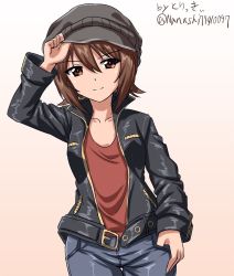 Rule 34 | 10s, 1girl, adjusting clothes, adjusting headwear, artist name, beige background, black hat, black jacket, black pants, brown eyes, brown hair, cabbie hat, casual, closed mouth, commentary, cowboy shot, dutch angle, girls und panzer, gradient background, hat, jacket, leather, leather jacket, nishizumi maho, one-hour drawing challenge, open clothes, open jacket, pants, red shirt, shirt, short hair, signature, smile, solo, thigh gap, thumb in pocket, twitter username, zanntetu