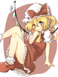 Rule 34 | 1girl, :p, blonde hair, blush, female focus, flandre scarlet, hand to own mouth, hat, looking at viewer, mary janes, red eyes, ryannari, shoes, short hair, short sleeves, side ponytail, sitting, smile, solo, tongue, tongue out, touhou, upskirt, wings