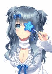 Rule 34 | 1girl, aimori meguru, blue eyes, blue hair, blue ribbon, breasts, cleavage, covering one eye, dress, fingernails, hair ribbon, highres, large breasts, leaning forward, long hair, looking at viewer, original, ribbon, simple background, sleeves past wrists, smile, solo, star (symbol), two side up, upper body, wand, white background, white dress