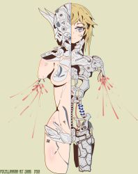 Rule 34 | 1girl, absurdres, android, bad id, bad pixiv id, blonde hair, blue eyes, breasts, chromatic aberration, cropped legs, damaged, highres, long hair, looking at viewer, mecha musume, medium breasts, missing limb, no arms, original, simple background, solo, suihei (foltheck), yellow background