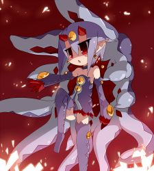 Rule 34 | 1girl, :o, blush stickers, boots, cameltoe, clenched hand, desco (disgaea), disgaea, earrings, elbow gloves, gloves, horns, jewelry, leg up, makai senki disgaea 4, monster girl, open mouth, outstretched arm, panties, pantyshot, pointy ears, purple footwear, purple hair, rai (sakuranbo sugar), red background, red eyes, ringed eyes, short hair, solo, thighhighs, underwear