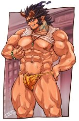Rule 34 | 1boy, abs, bara, beard, black hair, blush, bulge, chun (luxtan), demon boy, facial hair, fang, fiery horns, horns, jewelry, large pectorals, long sideburns, looking at viewer, male focus, male underwear, manly, muscular, necklace, nipple stimulation, nipple tweak, nipples, no pants, pectorals, penis, penis peek, scar, sideburns, simple background, smile, solo, stubble, sweatdrop, takemaru (housamo), tank top, thick thighs, thighs, tokyo houkago summoners, tweaking own nipple, underwear, upper body