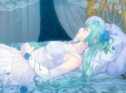 Rule 34 | 1girl, a=k, aqua hair, bed, blue flower, blue rose, bridal gauntlets, curtains, detached sleeves, dress, elbow gloves, closed eyes, female focus, flower, gloves, hatsune miku, long hair, lying, on back, petals, pillow, rose, sleeping, solo, twintails, vocaloid, white dress