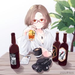 Rule 34 | 1girl, alcohol, artist name, beer, beer bottle, bob cut, bottle, brown hair, camera, camera lens, canon (company), cellphone, chain necklace, crested ibis, cup, detached lens, drinking glass, english text, glass, glasses, haya bs, highres, jewelry, necklace, original, pendant, phone, short hair, smile, solo, table, upper body, watermark, web address, white background
