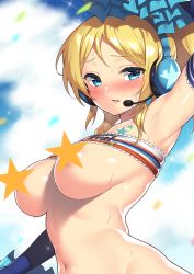 Rule 34 | 10s, 1girl, arm up, armpits, ayase eli, bandeau, blonde hair, blue eyes, blue sky, blush, bow, breasts, censored, censored nipples, cheerleader, clothes lift, clothes writing, confetti, day, elbow gloves, fuya (tempupupu), gloves, headset, large breasts, long hair, looking at viewer, love live!, love live! school idol project, navel, open mouth, outdoors, pom pom (cheerleading), ponytail, shiny skin, skirt, sky, smile, solo, star (symbol), star censor, strapless, sweat, tongue, tube top, tube top lift, underboob