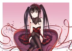 Rule 34 | 1girl, absurdres, bare shoulders, black hair, black thighhighs, blush, breasts, cleavage, clock eyes, commentary, date a live, dress, hairband, heterochromia, highres, lolita fashion, lolita hairband, long hair, looking at viewer, marinesnow, medium breasts, open mouth, red eyes, ribbon, smile, solo, symbol-shaped pupils, thighhighs, tokisaki kurumi, twintails, valentine, yellow eyes