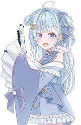 Rule 34 | 1girl, :d, ahoge, amaui, animal, animal on shoulder, blue bow, blue hair, blue kimono, blunt bangs, blush, bow, braid, commentary request, cowboy shot, crescent, crescent hair ornament, crown braid, empty eyes, frilled kimono, frilled sleeves, frills, gun, hair bow, hair intakes, hair ornament, highres, holding, holding gun, holding weapon, japanese clothes, kimono, long hair, long sleeves, looking at viewer, medium bangs, nanashi inc., natsuki aya, neck ribbon, off shoulder, open mouth, pink ribbon, purple eyes, rabbit, ribbon, side braid, simple background, smile, smith &amp; wesson m&amp;p45, solo, virtual youtuber, weapon, white background, white bow, wide sleeves