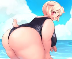Rule 34 | 1girl, akitaka (mcdonnell-douglas), ass, bare shoulders, blonde hair, breasts, fat, furry, furry female, highres, huge breasts, pig, red eyes, school swimsuit, short hair, solo, swimsuit, tagme, thick thighs, thighs