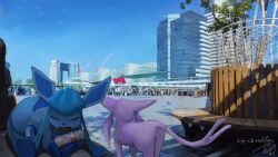 Rule 34 | blue hair, charizard, city, closed eyes, creatures (company), espeon, game freak, gen 1 pokemon, gen 2 pokemon, gen 4 pokemon, glaceon, highres, karu wacame, lying, nintendo, open mouth, photo (medium), photo background, pokemon, pokemon (creature), purple hair, sidelocks, tree