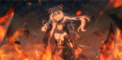 Rule 34 | 1girl, ahoge, animal ears, arknights, black cloak, black skirt, chain, chinese commentary, cloak, cowboy shot, cracked skin, dadijiji, earrings, embers, fire, hair between eyes, hand to own mouth, highres, horns, jewelry, long hair, looking at viewer, open mouth, orange eyes, original, sailor collar, shirt, silver hair, skirt, smile, solo, white shirt