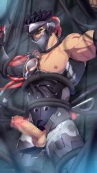 Rule 34 | 1boy, armor, black hair, erection, genji (overwatch), highres, male focus, mazjojo, nipples, overwatch, overwatch 1, pectorals, penis, pubic hair, restrained, scar, solo focus, steam, testicles, uncensored