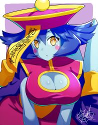 Rule 34 | 1girl, blue hair, blue skin, breasts, cleavage cutout, clothing cutout, colored skin, hat, highres, kumo8159, large breasts, lei lei, vampire (game), yellow eyes