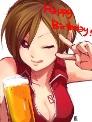Rule 34 | 1girl, a-ka, alcohol, beer, beer mug, breasts, brown hair, cleavage, cup, happy birthday, large breasts, lips, meiko (vocaloid), mug, red eyes, short hair, signature, solo, tattoo, tongue, tongue out, upper body, v, vocaloid