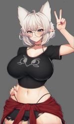 Rule 34 | 1girl, ahoge, animal ears, arm up, black choker, black shirt, black shorts, blush, borrowed character, breasts, choker, closed mouth, clothes around waist, cowboy shot, ear piercing, extra ears, grey background, grey hair, hand on own hip, highleg, highres, jacket, jacket around waist, large breasts, lorel (auraaa), midriff, nail polish, navel, original, panty straps, piercing, pointy ears, print shirt, red jacket, red nails, round eyewear, shirt, short hair, short shorts, short sleeves, shorts, simple background, smile, solo, spiked choker, spikes, standing, torn clothes, torn shorts, v, varniskarnis