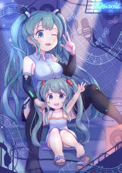 Rule 34 | 2girls, ;d, age difference, bare arms, bare shoulders, black legwear, bow, breasts, child, collarbone, detached sleeves, dress, green hair, hair bobbles, hair ornament, hatsune miku, highres, hikari (meng yin 7), long hair, looking at viewer, medium breasts, microphone, multiple girls, musical note, one eye closed, open mouth, panties, pantyshot, pink panties, shirt, sidelocks, smile, teeth, thighhighs, twintails, underwear, upper teeth only, very long hair, vocaloid, w