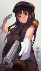 Rule 34 | 1girl, absurdres, aiming, aiming at viewer, alternate costume, arrest, black hair, black necktie, brown footwear, brown pantyhose, closed mouth, commentary request, cuffs, finger on trigger, gloves, grey background, gun, handcuffs, hat, highres, holding, holding gun, holding handcuffs, holding weapon, inoue takina, long hair, looking at viewer, lycoris recoil, necktie, pantyhose, pizza (pizzania company), police, police hat, police uniform, policewoman, pov, purple eyes, shoes, simple background, solo, stepped on, uniform, weapon, white gloves