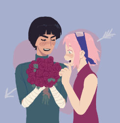 Rule 34 | 1boy, 1girl, artist request, bandaged arm, bandages, black hair, bouquet, bowl cut, closed eyes, flower, hairband, haruno sakura, highres, naruto, naruto (series), open mouth, pink hair, red flower, red rose, rock lee, rose, short hair, source request, tagme, very short hair