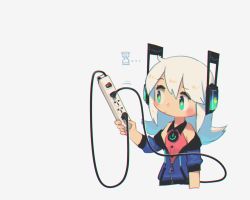 Rule 34 | 1girl, :/, aqua eyes, bare shoulders, blue jacket, cable, chibi, commentary, cropped torso, digitan (porforever), electric plug, english commentary, extension cord, flipped hair, hair between eyes, headphones, highres, holding, jacket, lightning bolt symbol, long hair, off shoulder, original, porforever, power strip, power symbol, shirt, simple background, sleeveless, sleeveless shirt, solo, symbol-shaped pupils, tail, upper body, white background, white hair, you&#039;re doing it wrong