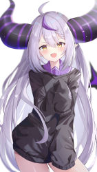 Rule 34 | 1girl, :d, absurdres, ahoge, blush, braid, demon girl, demon horns, fang, hand up, highres, hololive, horns, la+ darknesss, long hair, long sleeves, looking at viewer, multicolored hair, open mouth, pointy ears, puffy long sleeves, puffy sleeves, purple hair, sidelocks, simple background, skin fang, sleeves past fingers, sleeves past wrists, smile, solo, standing, streaked hair, striped horns, sweater, thighs, two-tone hair, uniform, ushio ochinashi, very long hair, virtual youtuber, white background, wide sleeves, yellow eyes