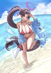 1girl absurdres barefoot beach bikini blue_archive blue_jacket breasts cleavage commentary_request halo highres horizon jacket large_breasts long_hair ocean open_clothes open_jacket outside_border purple_eyes purple_hair purple_halo rag76 red_bikini short_eyebrows side_ponytail solo splashing swimsuit v water yukari_(blue_archive)