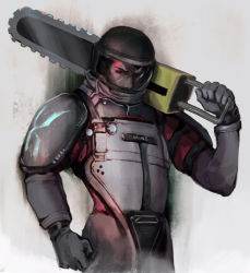 Rule 34 | 1boy, arknights, big bob (arknights), bodysuit, broken helmet, chainsaw, clenched hand, english text, helmet, looking at viewer, male focus, reunion soldier (arknights), solo, yan mei