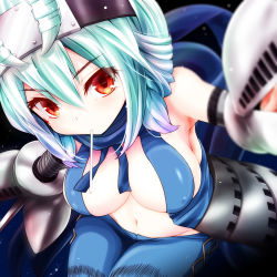 Rule 34 | 1girl, antennae, argyle, armor, armpits, baltan seijin, bare shoulders, black background, blue pants, blue scarf, blurry, breasts, claw (weapon), commentary request, covered erect nipples, depth of field, facial mark, faulds, from above, green hair, groin, hair between eyes, headgear, highres, large breasts, looking at viewer, medium hair, mouth hold, navel, orange eyes, pants, personification, revealing clothes, scarf, shiny skin, solo, ultra kaijuu gijinka keikaku, ultra series, v-shaped eyebrows, watarui, weapon