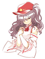 Rule 34 | bare shoulders, breasts, cabbie hat, closed eyes, detached sleeves, hair over one eye, hand on own chest, hat, hat ornament, label girl (dipp), long hair, long sleeves, mandarin collar, medium breasts, neck ribbon, no mouth, purple hair, raptor7, red hat, red ribbon, ribbon, side ponytail, simple background, star (symbol), star hat ornament, touhou, upper body, vest, white background, white vest, wide sleeves