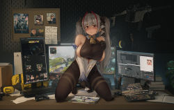 Rule 34 | 1girl, absurdres, alternate costume, arknights, artist self-reference, azur lane, bare shoulders, bell, between legs, black bodysuit, black gloves, blush, bodysuit, bodysuit tug, book, book stack, breasts, brown pantyhose, chen hai (azur lane), chen hai (vestibule of wonders) (azur lane), closed mouth, commentary request, computer, controller, cosplay, covering privates, covering crotch, cowbell, detached sleeves, final fantasy, final fantasy xiv, formidable (azur lane), game console, game controller, ganyu (genshin impact), ganyu (genshin impact) (cosplay), genshin impact, gloves, gun, hair ribbon, hand between legs, handgun, handheld game console, headphones, highres, indoors, computer keyboard, kneeling, large breasts, long hair, looking at viewer, manatsu no yo no inmu, monitor, computer mouse, multicolored hair, no shoes, noshiro (azur lane), noshiro (hold the ice) (azur lane), pantyhose, poster (object), raised eyebrows, red hair, ribbon, rodriguez (kamwing), solo, streaked hair, tablet pc, tiptoes, twintails, w (arknights), weapon, white hair