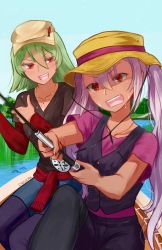 Rule 34 | 2girls, alternate costume, artist name, boat, chocojax, dark skin, dark-skinned female, day, fire emblem, fire emblem heroes, fishing rod, green hair, hat, highres, holding, jewelry, laegjarn (fire emblem), laevateinn (fire emblem), long hair, long sleeves, multiple girls, necklace, nintendo, open mouth, outdoors, pink hair, red eyes, short hair, short sleeves, siblings, sisters, sitting, sweat, thumbs up, twintails, watercraft
