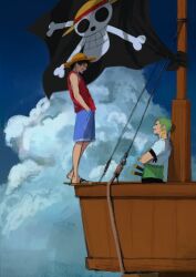 2boys 7nawon bandana_around_arm bare_shoulders black_hair blue_shorts blue_sky cloud cloudy_sky crossed_arms earrings from_side full_body green_hair green_sash grin hands_in_pockets hat highres jewelry jolly_roger looking_at_another male_focus monkey_d._luffy multiple_boys one_piece outdoors profile red_vest roronoa_zoro sandals sash shirt short_hair shorts sky smile standing straw_hat straw_hats_jolly_roger vest white_shirt