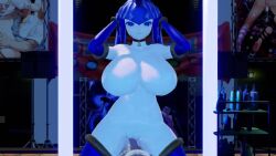 Rule 34 | 1boy, 1girl, 3d, animated, audible music, blue gloves, blue hair, blue panties, blue thighhighs, bouncing breasts, breasts, choker, clothing aside, cowgirl position, elbow gloves, fairy leviathan (mega man), girl on top, gloves, heart, heart-shaped pupils, hetero, huge breasts, interior, mega man (series), mega man zero (series), music, nipples, panties, panties aside, pasties, reverse cowgirl position, sex, sex from behind, sound, straddling, symbol-shaped pupils, thighhighs, twintails, underwear, undressing, vaginal, video