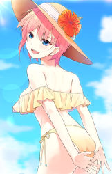 Rule 34 | 1girl, :d, arms behind back, ass, bare shoulders, bikini, blue eyes, blue sky, blush, breasts, commentary request, cowboy shot, day, flower, from behind, ganko-chan (shashaneko123), go-toubun no hanayome, hat, hat flower, hat ornament, hibiscus, highres, leaning forward, looking at viewer, looking back, medium breasts, nakano ichika, off-shoulder bikini, off shoulder, open mouth, outdoors, pink hair, red flower, short hair, side-tie bikini bottom, sideboob, sky, smile, solo, sun hat, swimsuit, yellow bikini