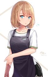 Rule 34 | 1girl, absurdres, apron, blue eyes, bob cut, collarbone, gloves, highres, looking at viewer, mango (mgo), open mouth, original, short hair, shorts, solo, sweatdrop