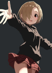 Rule 34 | 1girl, black hoodie, blonde hair, blush, domdom, grey background, hair over one eye, highres, hood, hoodie, idolmaster, idolmaster cinderella girls, looking at viewer, miniskirt, open mouth, outstretched arms, red eyes, shirasaka koume, short hair, simple background, skirt, smile, solo, spread arms