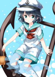 Rule 34 | 1girl, anchor, anchor symbol, aqua eyes, black hair, blue background, blush, breasts, commentary request, feet out of frame, frown, hair between eyes, hat, highres, hishaku, holding, kneehighs, looking at viewer, murasa minamitsu, neckerchief, peaked cap, red neckerchief, ruu (tksymkw), sailor collar, sailor hat, sailor shirt, shirt, short hair, short sleeves, shorts, small breasts, socks, solo, touhou, white hat, white shorts, white socks