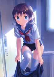 Rule 34 | 1girl, absurdres, blue eyes, blue one-piece swimsuit, brown hair, day, half updo, highres, indoors, neckerchief, one-piece swimsuit, original, red neckerchief, school swimsuit, school uniform, serafuku, solo, swimsuit, swimsuit under clothes, takoyaki (roast), thighhighs, white thighhighs
