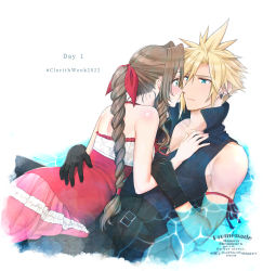 Rule 34 | 1boy, 1girl, aerith gainsborough, arm around waist, arm ribbon, bare arms, bare shoulders, black gloves, black pants, blonde hair, blue eyes, blue shirt, blush, braid, braided ponytail, breasts, cloud strife, couple, curly hair, dress, earrings, final fantasy, final fantasy vii, final fantasy vii advent children, frilled dress, frills, girl on top, gloves, green eyes, hair ribbon, hand on another&#039;s chest, high collar, highres, holding another&#039;s wrist, imminent kiss, jewelry, kingdom hearts, kingdom hearts ii, krudears, long hair, lying on person, medium breasts, official alternate costume, open collar, pants, partially submerged, pink dress, ribbon, shirt, sidelocks, single earring, sleeveless, sleeveless shirt, spiked hair, square enix, upper body