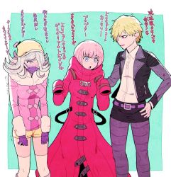 Rule 34 | 1boy, 2girls, ando ruruka (cosplay), ando ruruka, beanie, bike shorts, blonde hair, blue background, blue eyes, blush, bob cut, coat, cosplay, costume switch, crossdressing, danganronpa (series), danganronpa 3 (anime), flipped hair, fur trim, gloves, hair over one eye, hand on own hip, hands in opposite sleeves, hat, izayoi sounosuke, izayoi sounosuke (cosplay), jacket, kimura seiko, kimura seiko (cosplay), leather, leather jacket, long coat, mask, mouth mask, multiple girls, outside border, oversized clothes, pale skin, pink hair, purple eyes, purple gloves, red eyes, short hair, shorts, silver hair, simple background, skirt, sleeves past wrists, surgical mask, tearing up, tears, tight clothes, translation request, trembling, undersized clothes, yellow shorts, yyy246