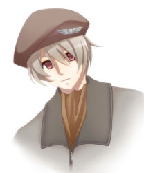 Rule 34 | 10s, 1boy, beret, hat, hayabusa koi, looking at viewer, male focus, red eyes, silver hair, solo, uchuu senkan yamato, uchuu senkan yamato 2199, yamamoto akio